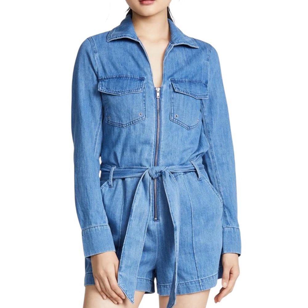Veronica‎ Beard Keenan Utility Chambray Blue Long Sleeve Romper Size Medium